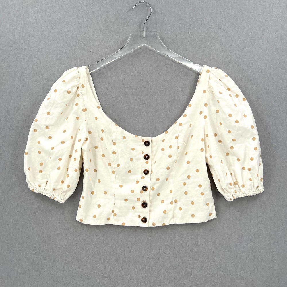 LPA Shirt Womens Medium White Linen Puff Sleeve Crop Top Button Front Polka Dot - Picture 3 of 14